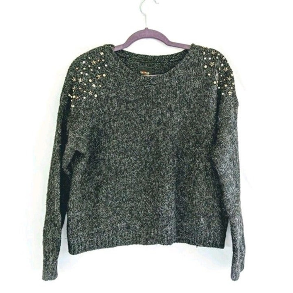 Clockhouse Sweater Womens Medium Stars Jeweled Dark Gray We Love Knit Shirt Top